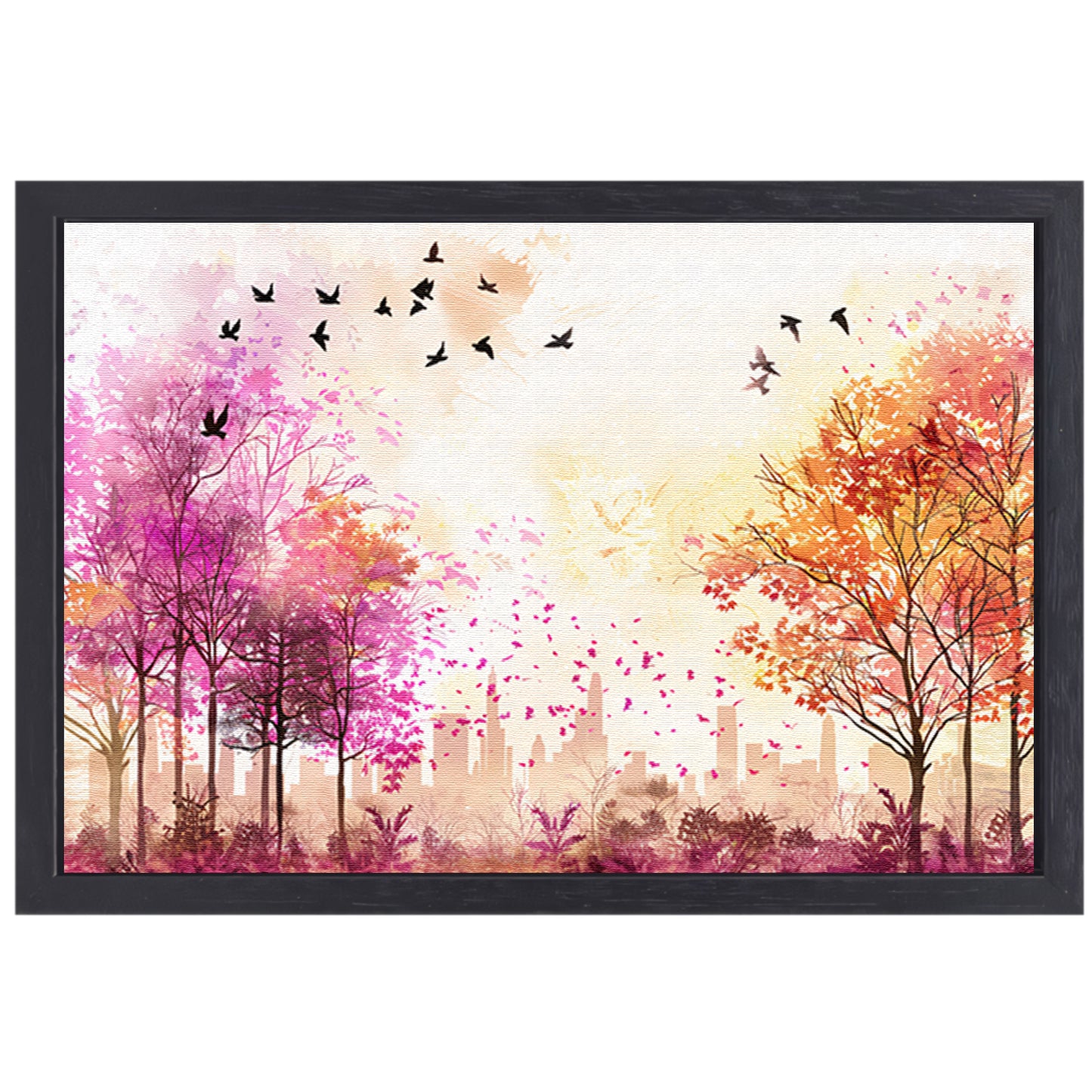 Kleurrijke skyline met herfstbomen en vogels canvas met baklijst