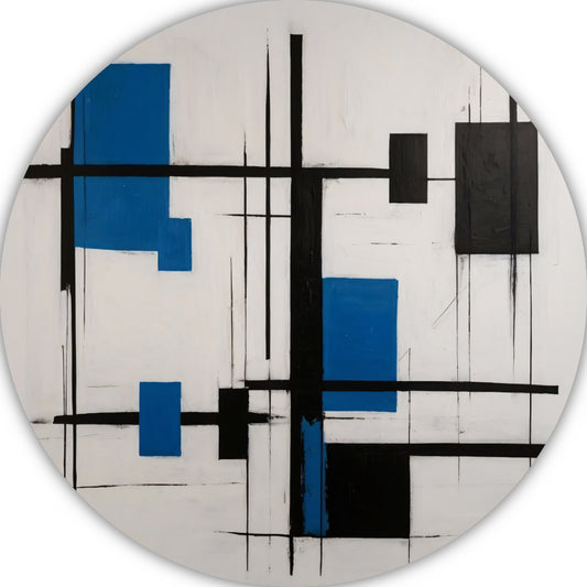 Abstracte Compositie in Zwart, Wit en Blauw aluminium muurcirkel