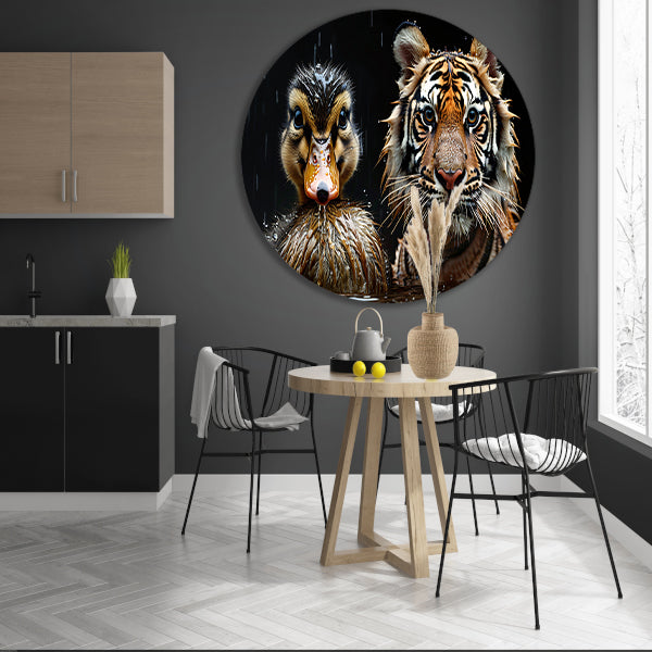 Tijger en eend in harmonie aluminium muurcirkel