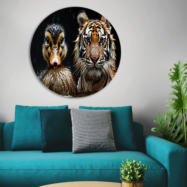 Tijger en eend in harmonie aluminium muurcirkel