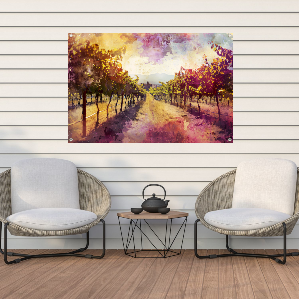 Avondgloed over kleurrijke wijngaard bergen tuinposter