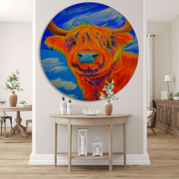 Kleurrijke moderne schilderij van Schotse Hooglander aluminium muurcirkel