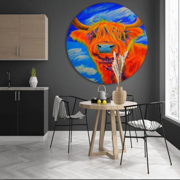 Kleurrijke moderne schilderij van Schotse Hooglander aluminium muurcirkel