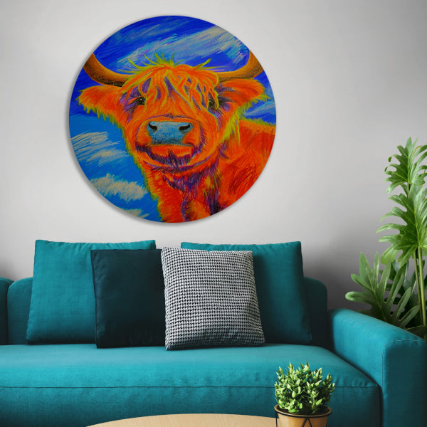 Kleurrijke moderne schilderij van Schotse Hooglander aluminium muurcirkel