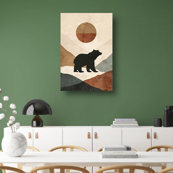 Beer in abstract landschap met geometrische zon poster