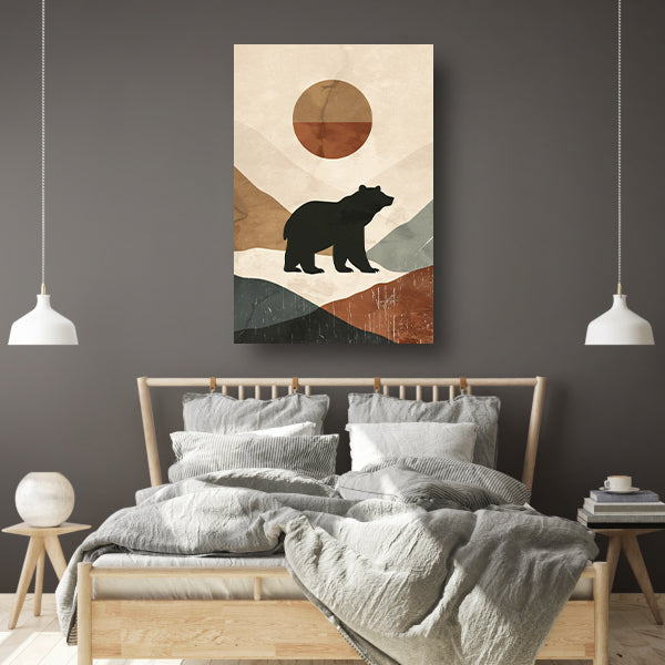Beer in abstract landschap met geometrische zon poster