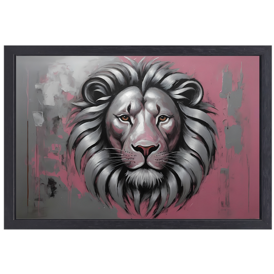 Abstracte Zilveren Leeuw met Roze Achtergrond canvas met baklijst