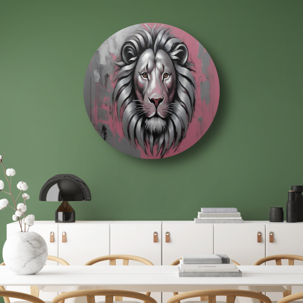 Abstracte Zilveren Leeuw met Roze Achtergrond aluminium muurcirkel
