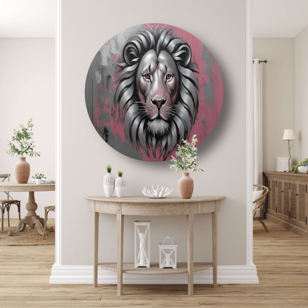 Abstracte Zilveren Leeuw met Roze Achtergrond aluminium muurcirkel