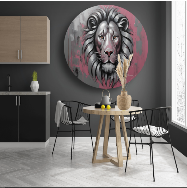 Abstracte Zilveren Leeuw met Roze Achtergrond aluminium muurcirkel