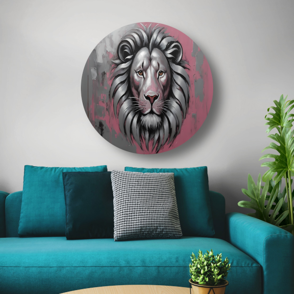 Abstracte Zilveren Leeuw met Roze Achtergrond aluminium muurcirkel