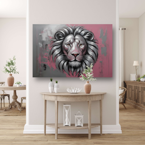 Abstracte Zilveren Leeuw met Roze Achtergrond canvas met baklijst