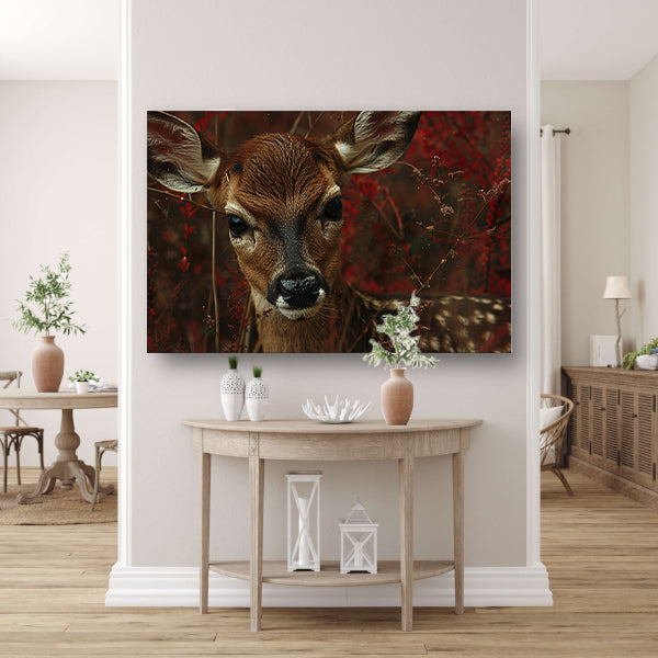 Jong hert verborgen tussen herfstbladeren canvas