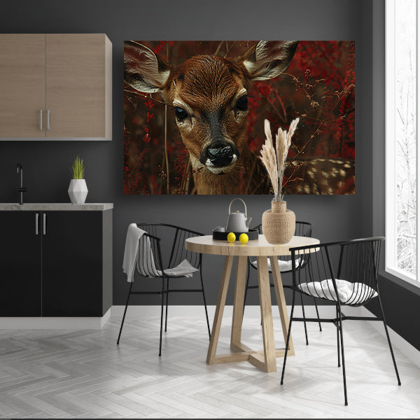 Jong hert verborgen tussen herfstbladeren canvas