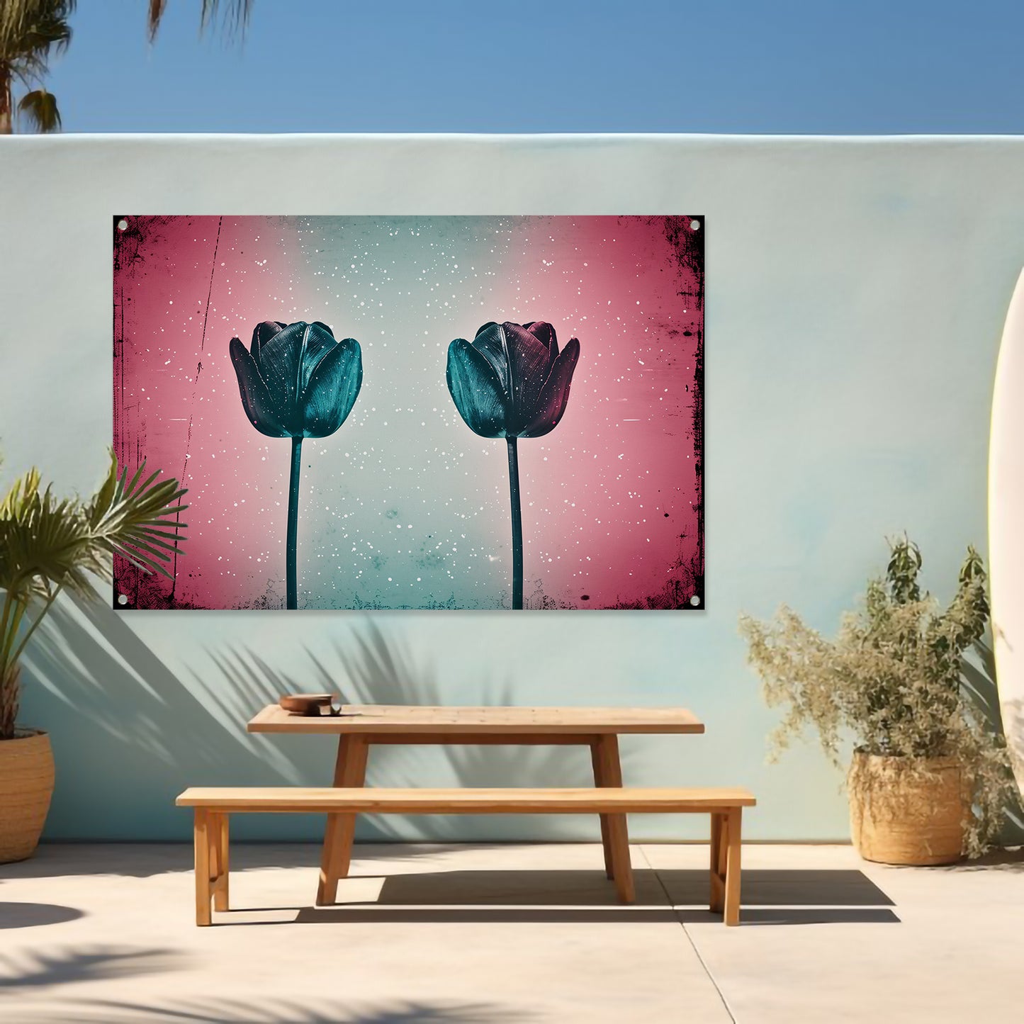 Abstracte tulpen tegen kleurrijke achtergrond tuinposter