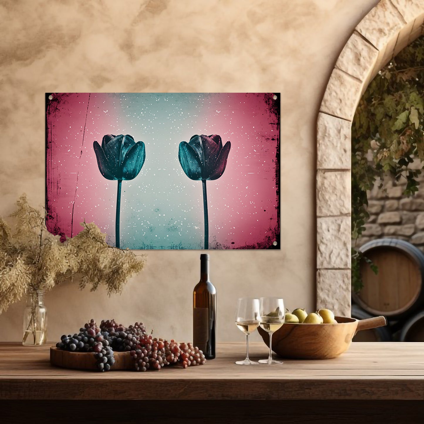 Abstracte tulpen tegen kleurrijke achtergrond tuinposter