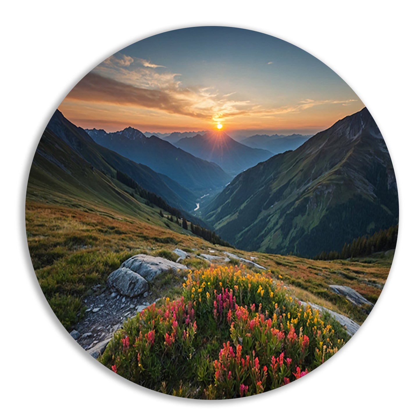 Prachtig berglandschap bij zonsondergang aluminium muurcirkel