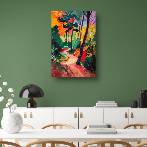 Kleurrijk schilderij van een boslandschap poster
