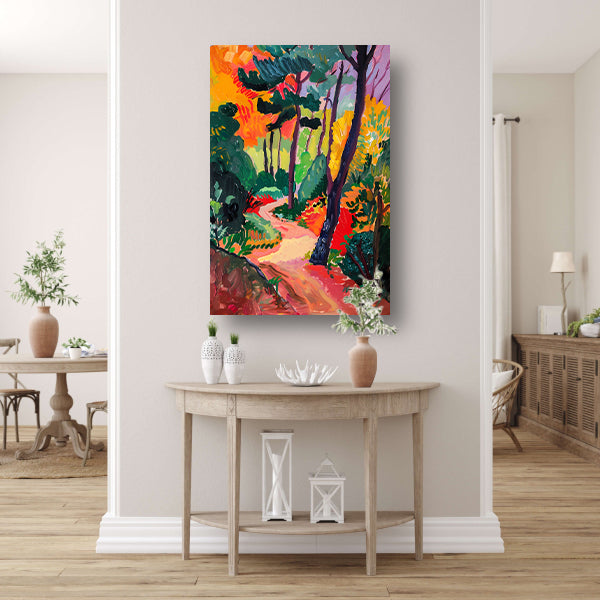 Kleurrijk schilderij van een boslandschap poster