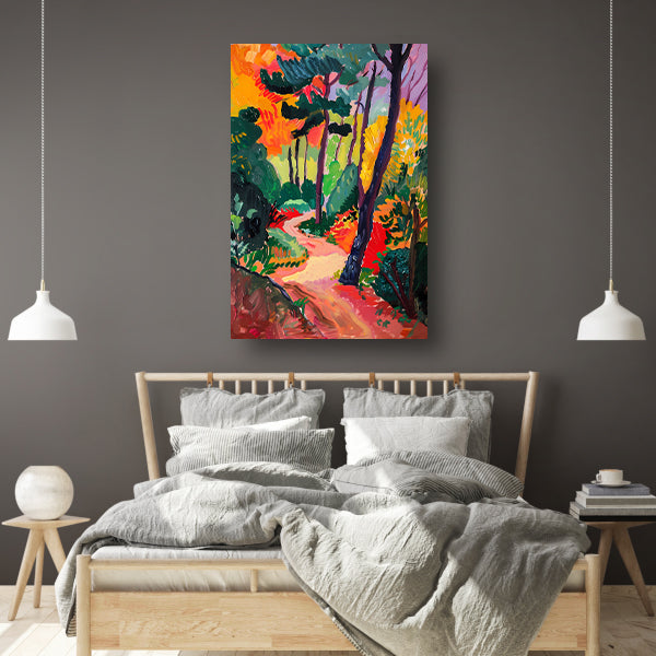 Kleurrijk schilderij van een boslandschap poster
