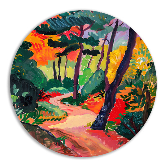Kleurrijk schilderij van een boslandschap aluminium muurcirkel