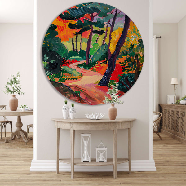 Kleurrijk schilderij van een boslandschap aluminium muurcirkel