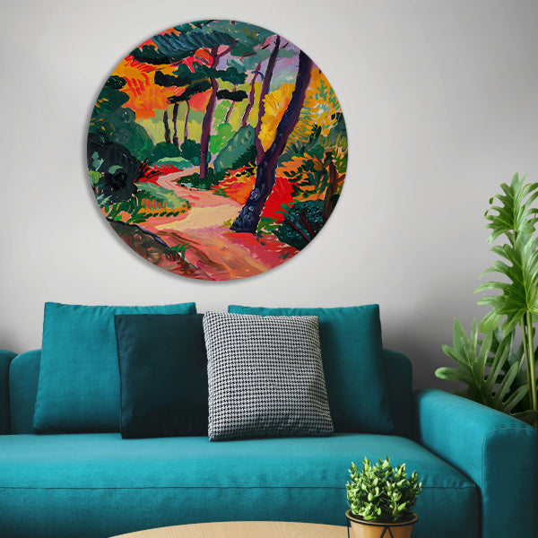 Kleurrijk schilderij van een boslandschap aluminium muurcirkel