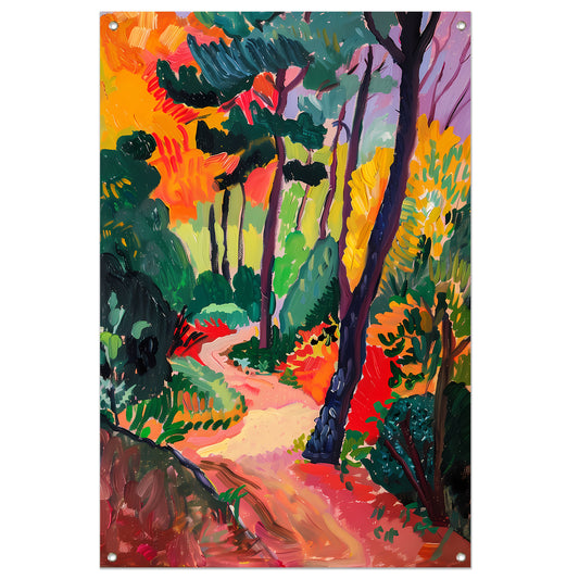 Kleurrijk schilderij van een boslandschap tuinposter