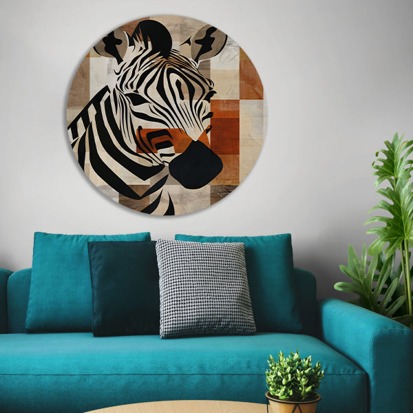 Geometrische Zebra Hoofd op Sepia Achtergrond aluminium muurcirkel