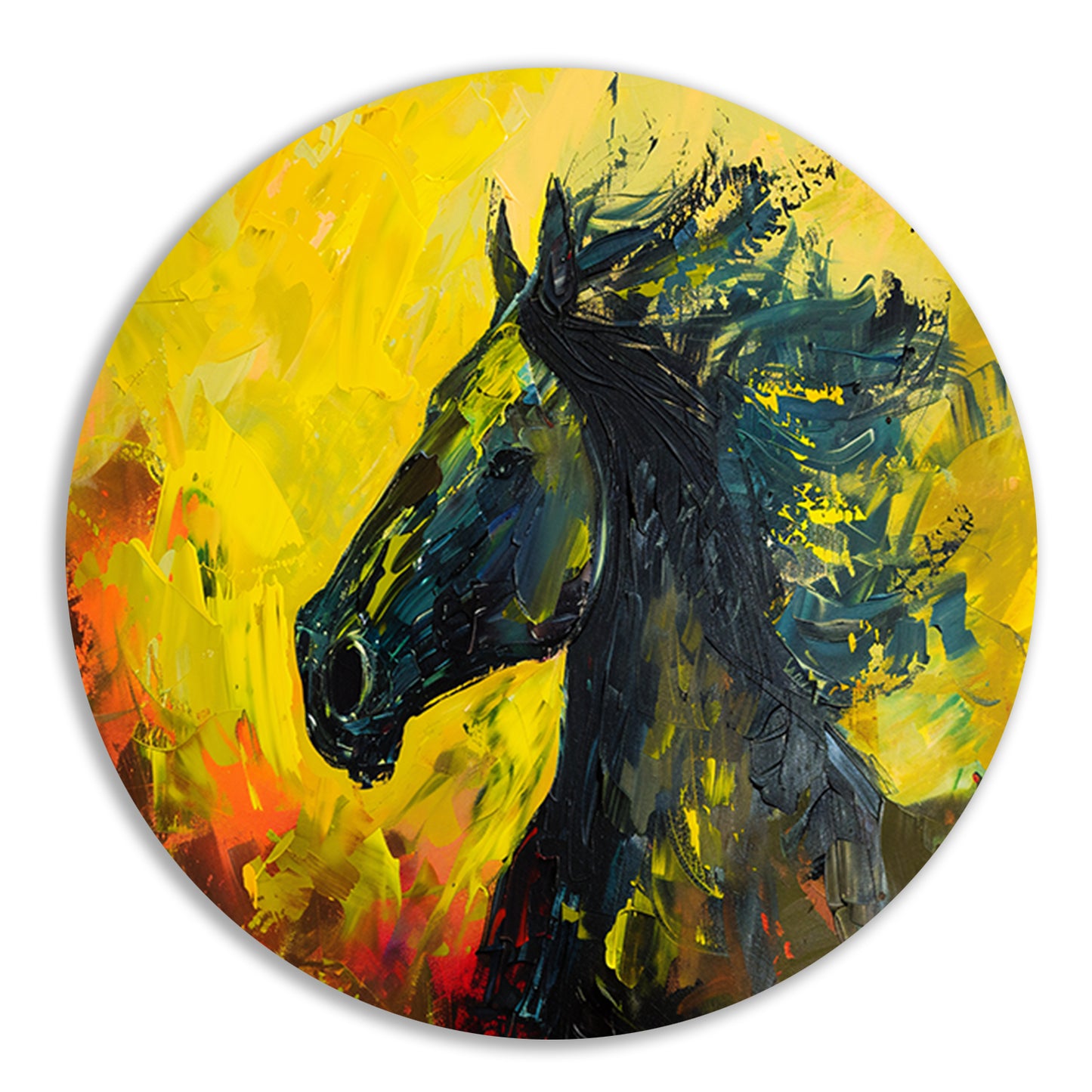 Dynamisch abstract schilderij van een paard aluminium muurcirkel