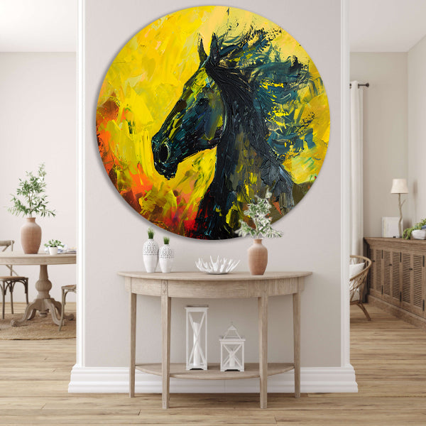 Dynamisch abstract schilderij van een paard aluminium muurcirkel