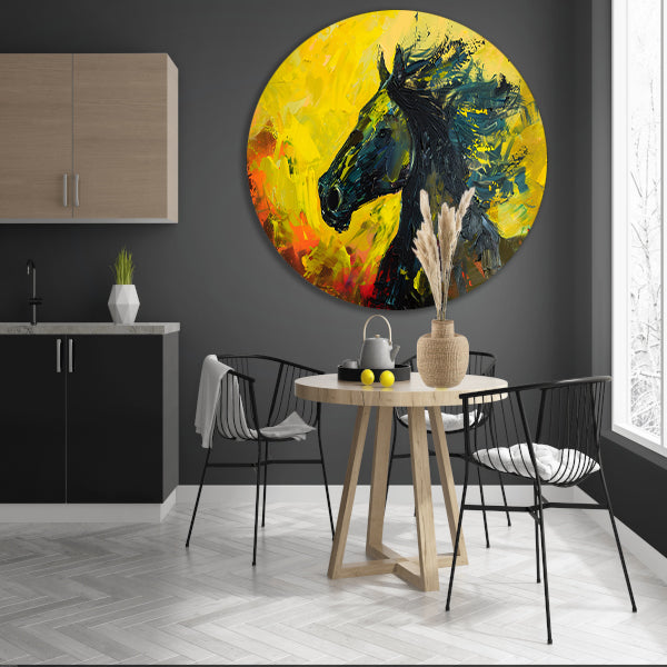 Dynamisch abstract schilderij van een paard aluminium muurcirkel