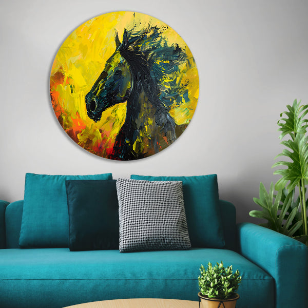 Dynamisch abstract schilderij van een paard aluminium muurcirkel