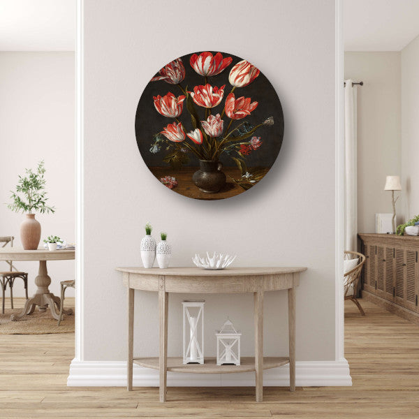 Tulpen en anjers in een aardewerken vaas - Jacob van Hulsdonck aluminium muurcirkel