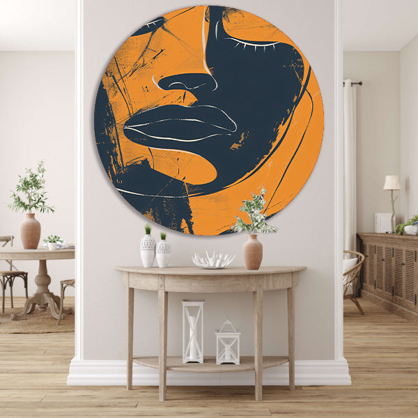 Abstract Portret van een Vrouw in Oranje en Zwart-Wit aluminium muurcirkel