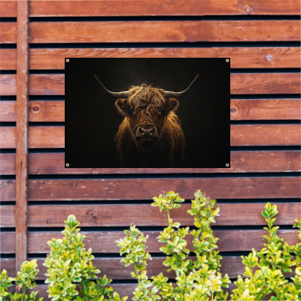 Schotse hooglander blik in het schemerlicht tuinposter