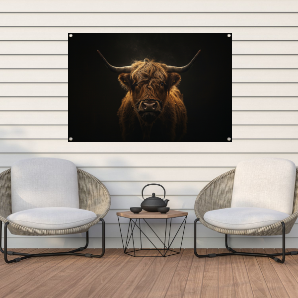 Schotse hooglander blik in het schemerlicht tuinposter