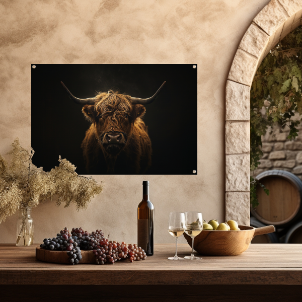 Schotse hooglander blik in het schemerlicht tuinposter