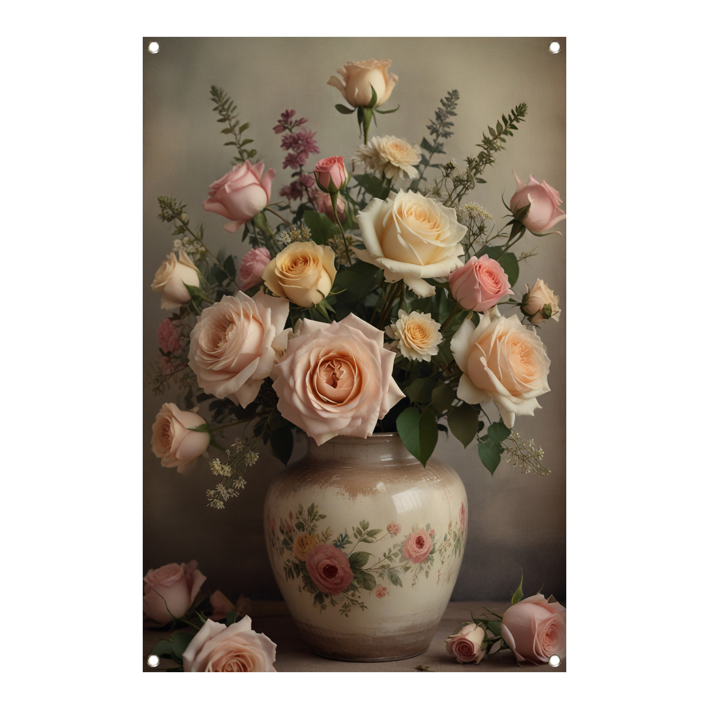 Vintage vaas met romantische rozen tuinposter