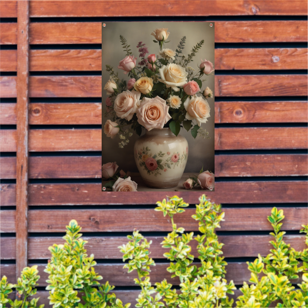 Vintage vaas met romantische rozen tuinposter