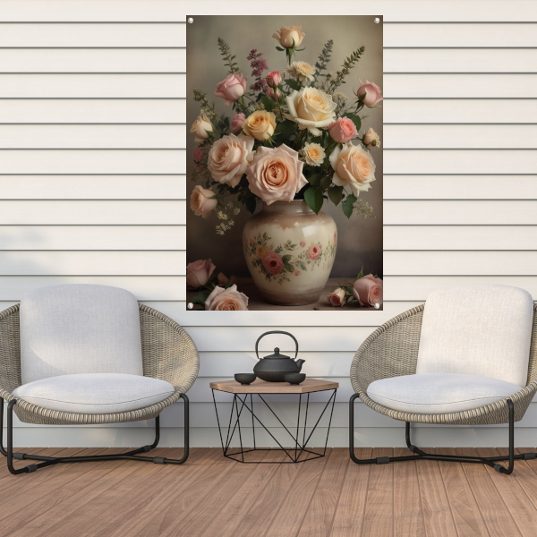 Vintage vaas met romantische rozen tuinposter