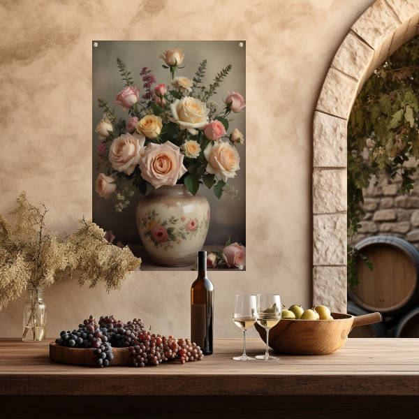 Vintage vaas met romantische rozen tuinposter