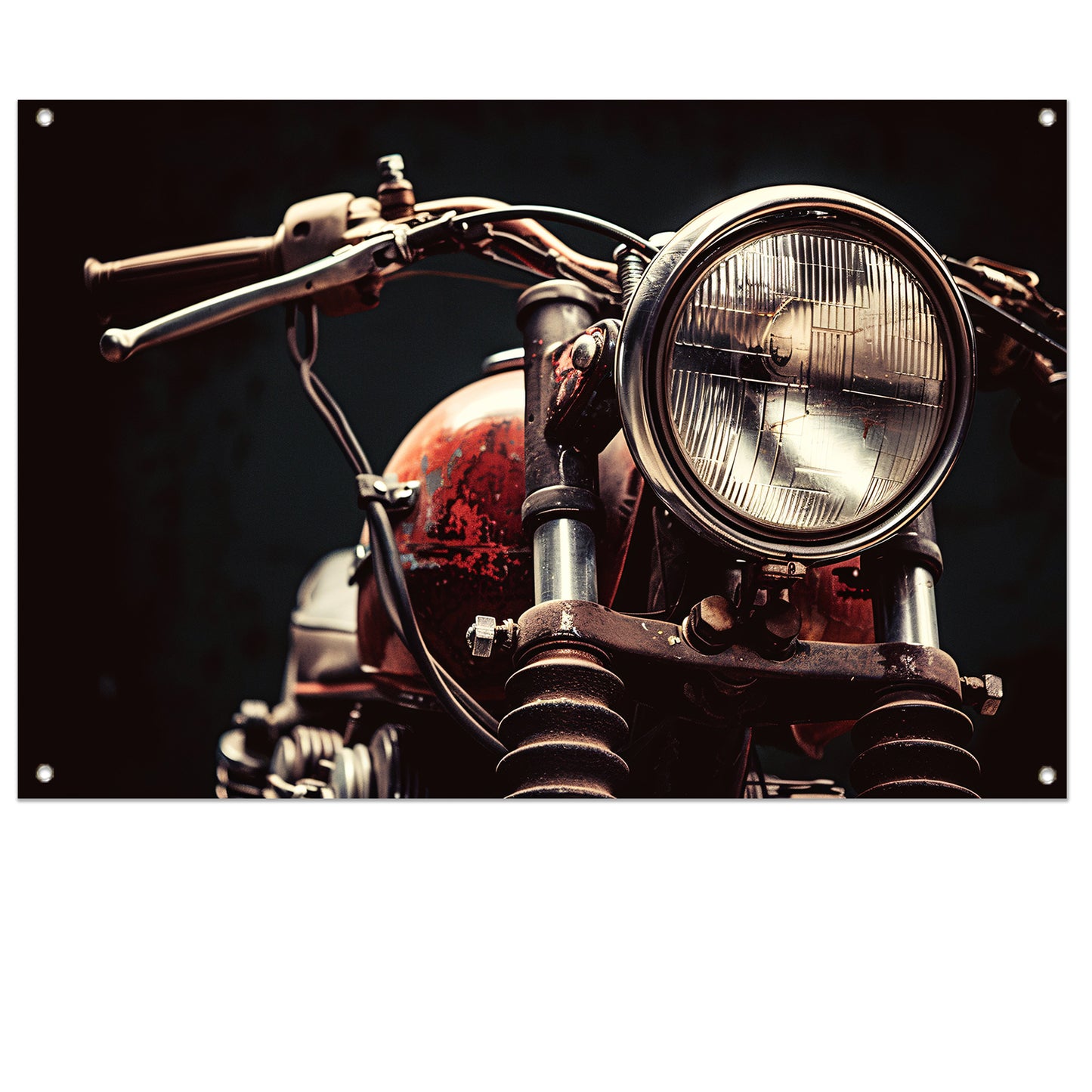 Klassieke motorfiets met koplamp in detail tuinposter