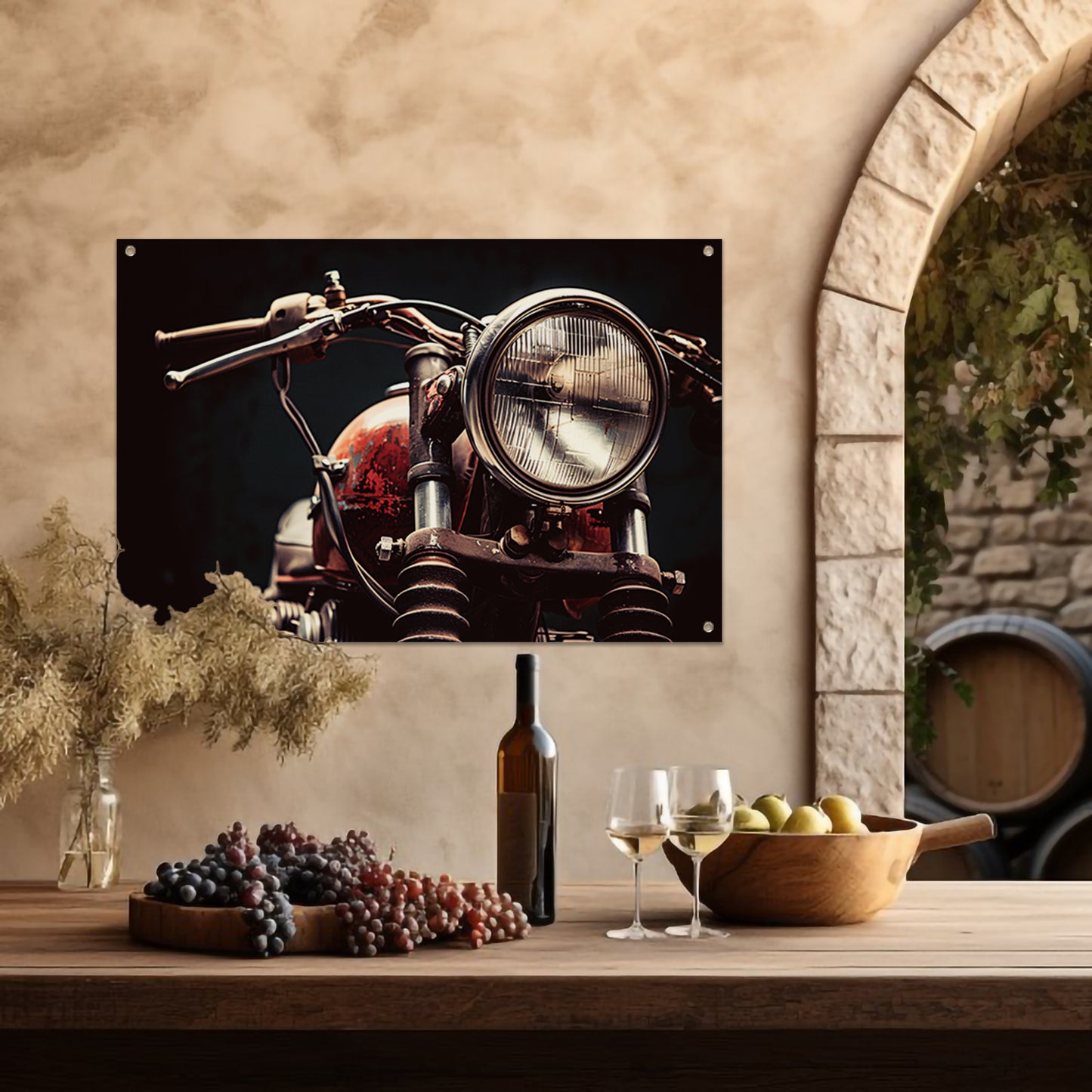 Klassieke motorfiets met koplamp in detail tuinposter