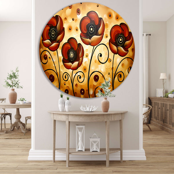 Abstracte warme bloemen kunstwerk schilderij aluminium muurcirkel