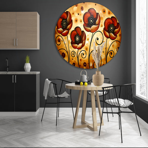 Abstracte warme bloemen kunstwerk schilderij aluminium muurcirkel