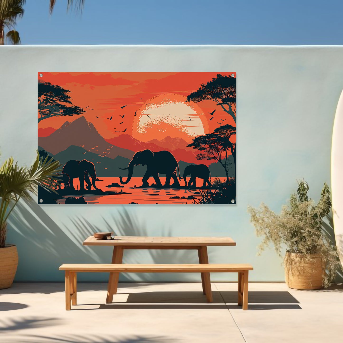 Olifanten bij zonsondergang tuinposter