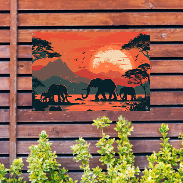 Olifanten bij zonsondergang tuinposter