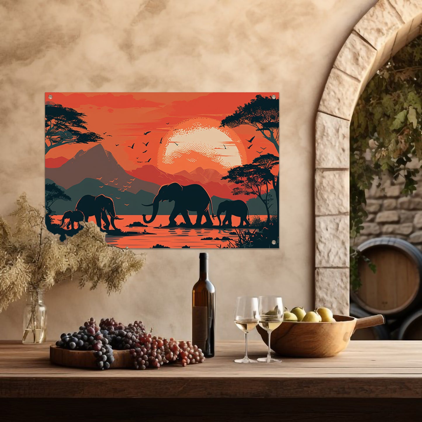 Olifanten bij zonsondergang tuinposter