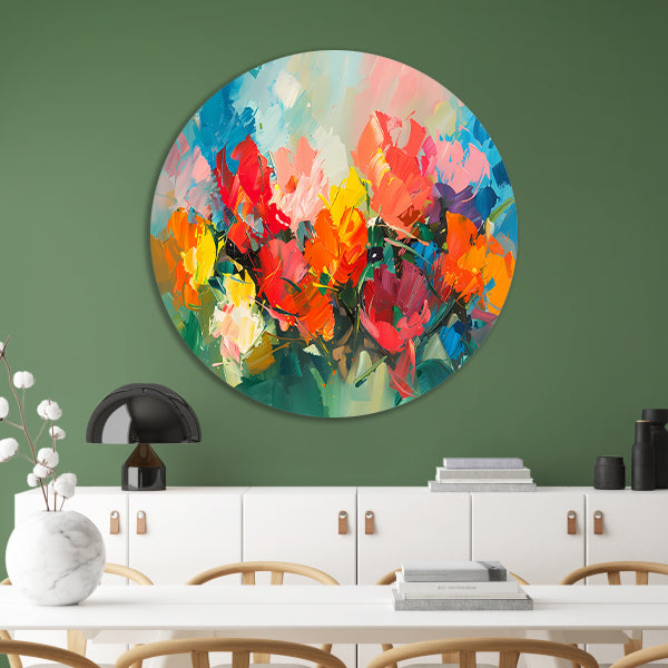 Kleurrijke abstracte bloemenpracht in expressieve stijl aluminium muurcirkel